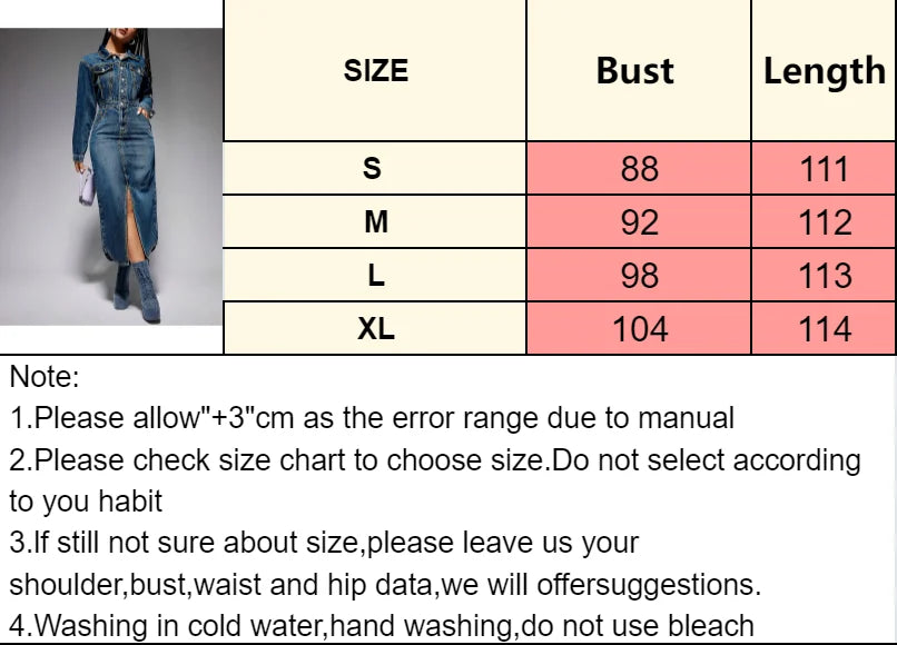 Women's Elegant Long Sleeve Denim Midi Dress - Turndown Collar, Side Slit & Button-Up Front - Asymmetrical Hem 100% Cotton Light