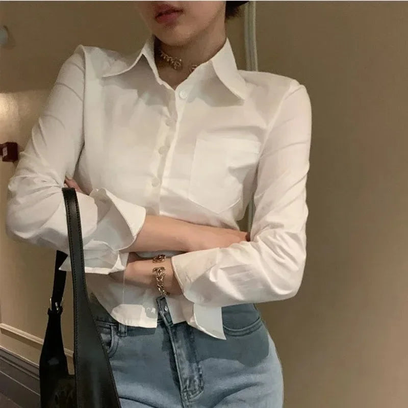 Korean White Office Women Chiffon Shirt Pocket Button Lapel Ladies Blouse Autumn WinterCommuter Long Sleeve New Female Crop Tops