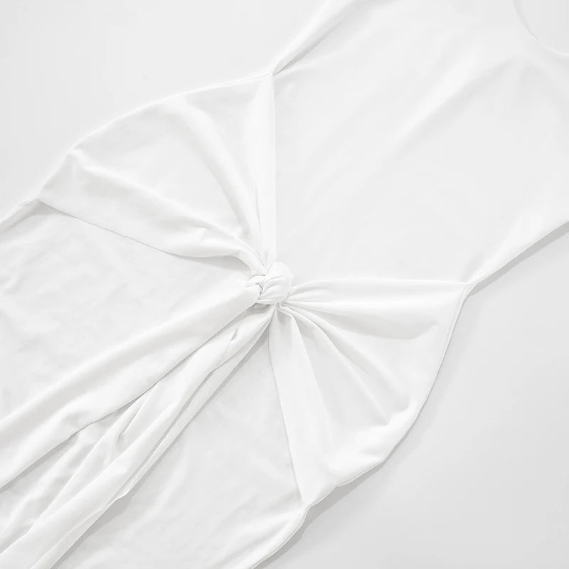 CUTENOVA Women Solid Color Sleeveless Hanging Neck Backless Shrinking Pleated Flutter Bandage Wrap Hip Split Floor Length Dress