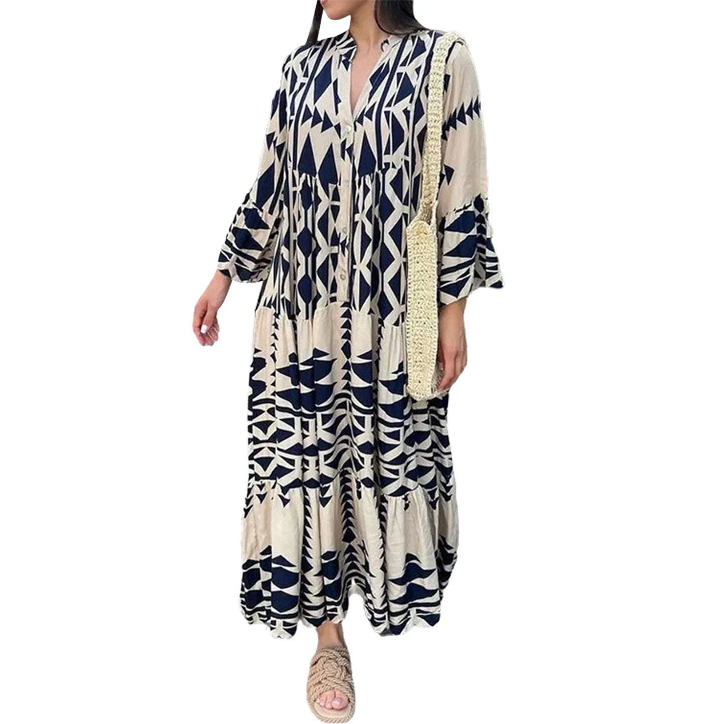 Women Long Dress Long Sleeve Button-down Geometric Print Bohe Dress Loose Swing Dress for Casual Daily