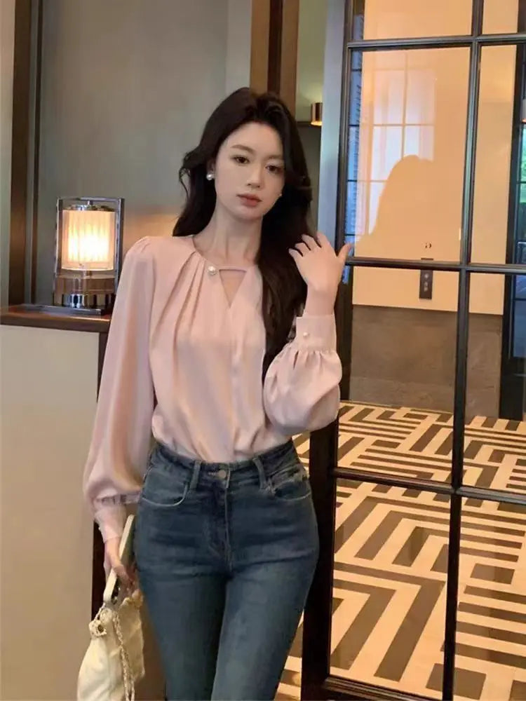 Autumn Spring Office Lady Blouse Elegant Korean Fashion Long Sleeve Shirt Women's Tops White Pink With Pearl Female Office Wear