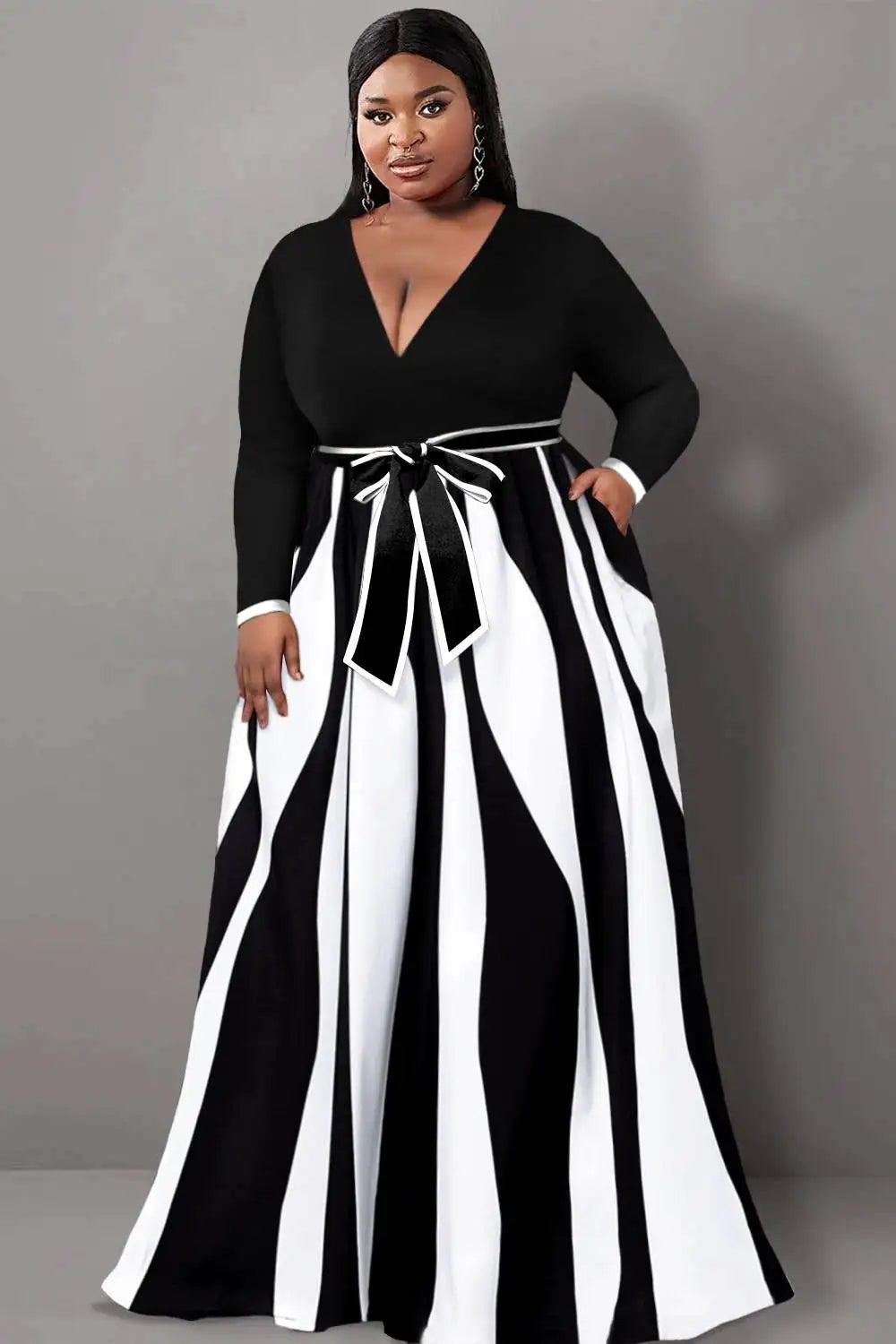 Plus Size Semi Formal Maxi Dresses Casual Black Geometric Fall Winter V Neck Long Sleeve Wrap Knitted Maxi Dresses With Pocket
