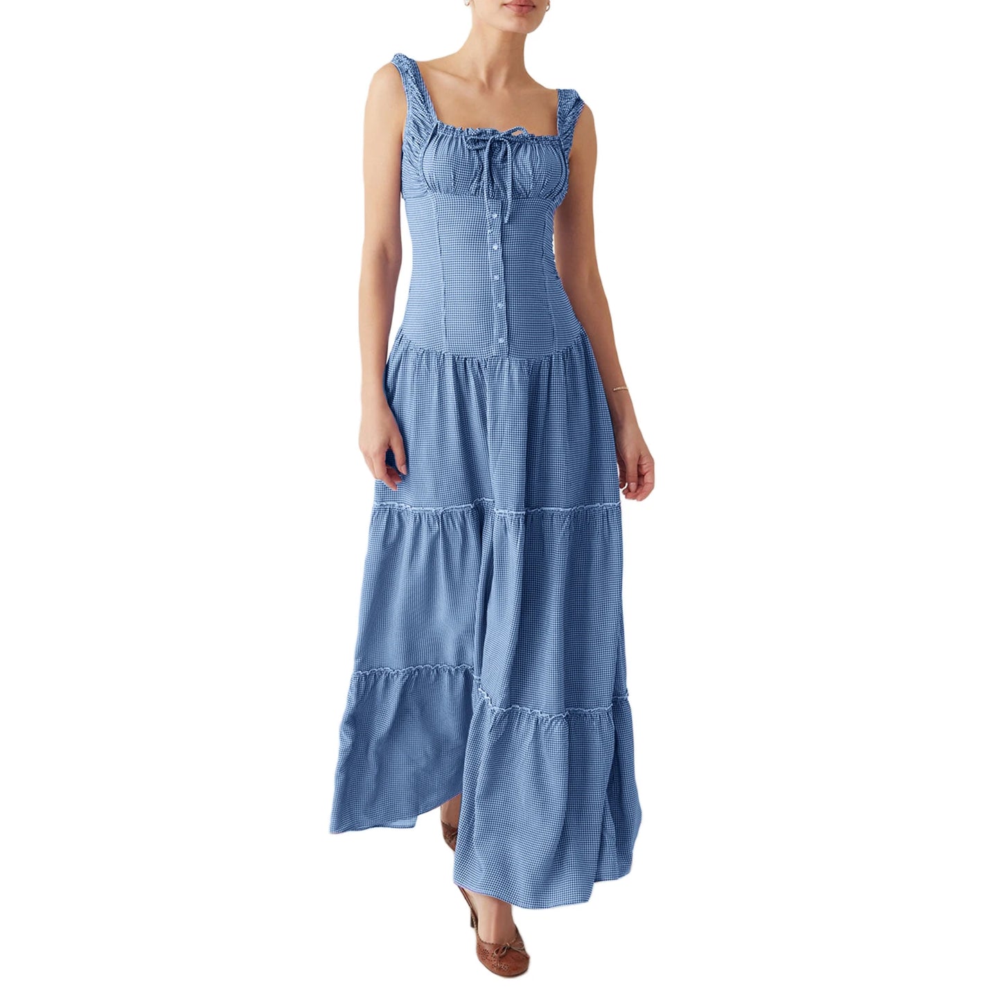 Women Summer Sleeveless Dress Casual Plaid Print Ruffle Party Dress for Cocktail Beach Club Streetwear