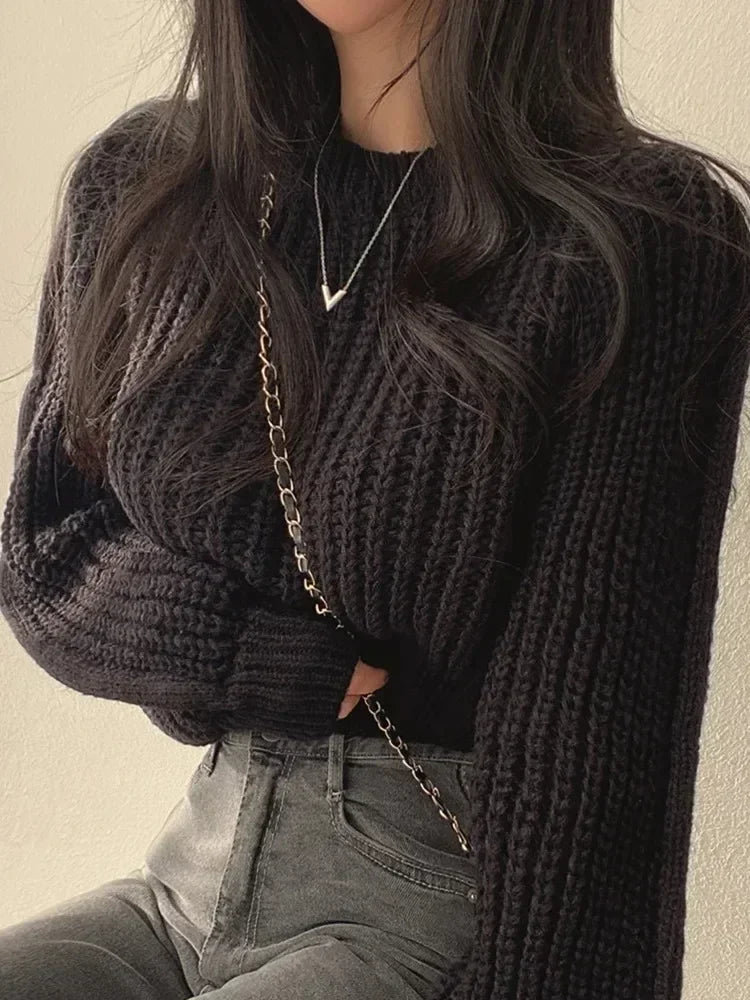 Korean Fashion Women's Cropped Sweaters Solid Colo Round Neck Knitted Pullover Woman Chic Loose Long Sleeve Jumper Female