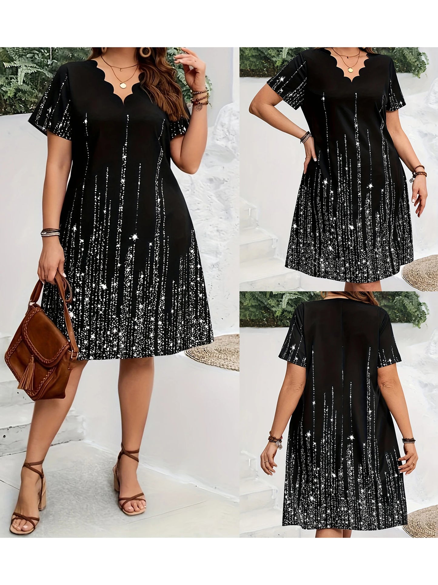 Plus Size Women s Casual Summer Dress with Fashionable Print Scallop Trim V Neck and Short Sleeves - Loose A-line Style