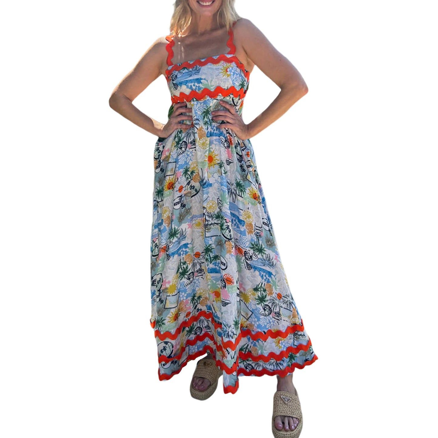 Women s Long Cami Dress Floral Leopard Print Sleeveless Square Neck Backless A-Line Ric Rac Dress