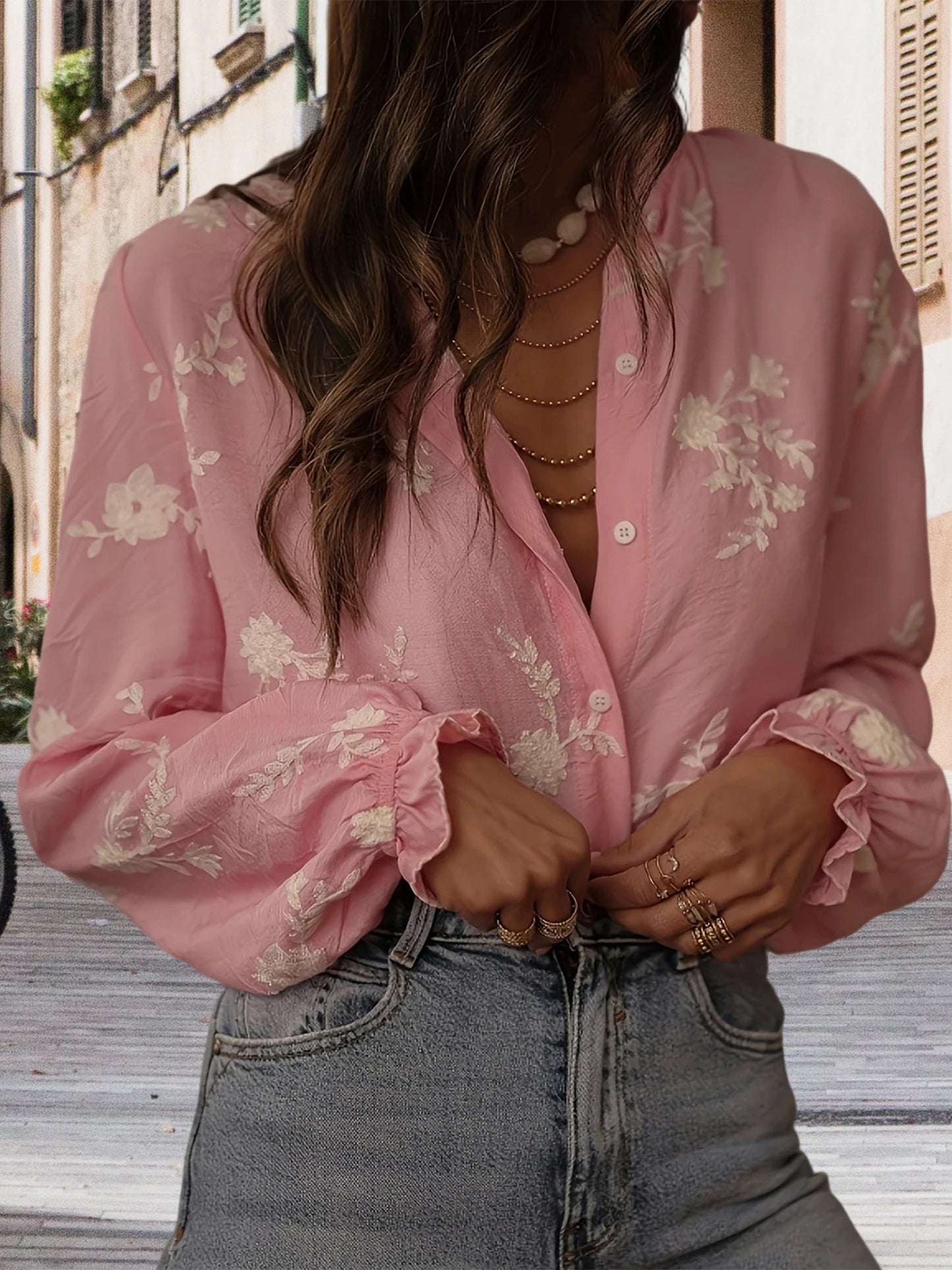 Women s Oversized Floral Print Button Up Shirt with Long Lantern Sleeves and Embroidered Appliques - Fall Fashion Blouse