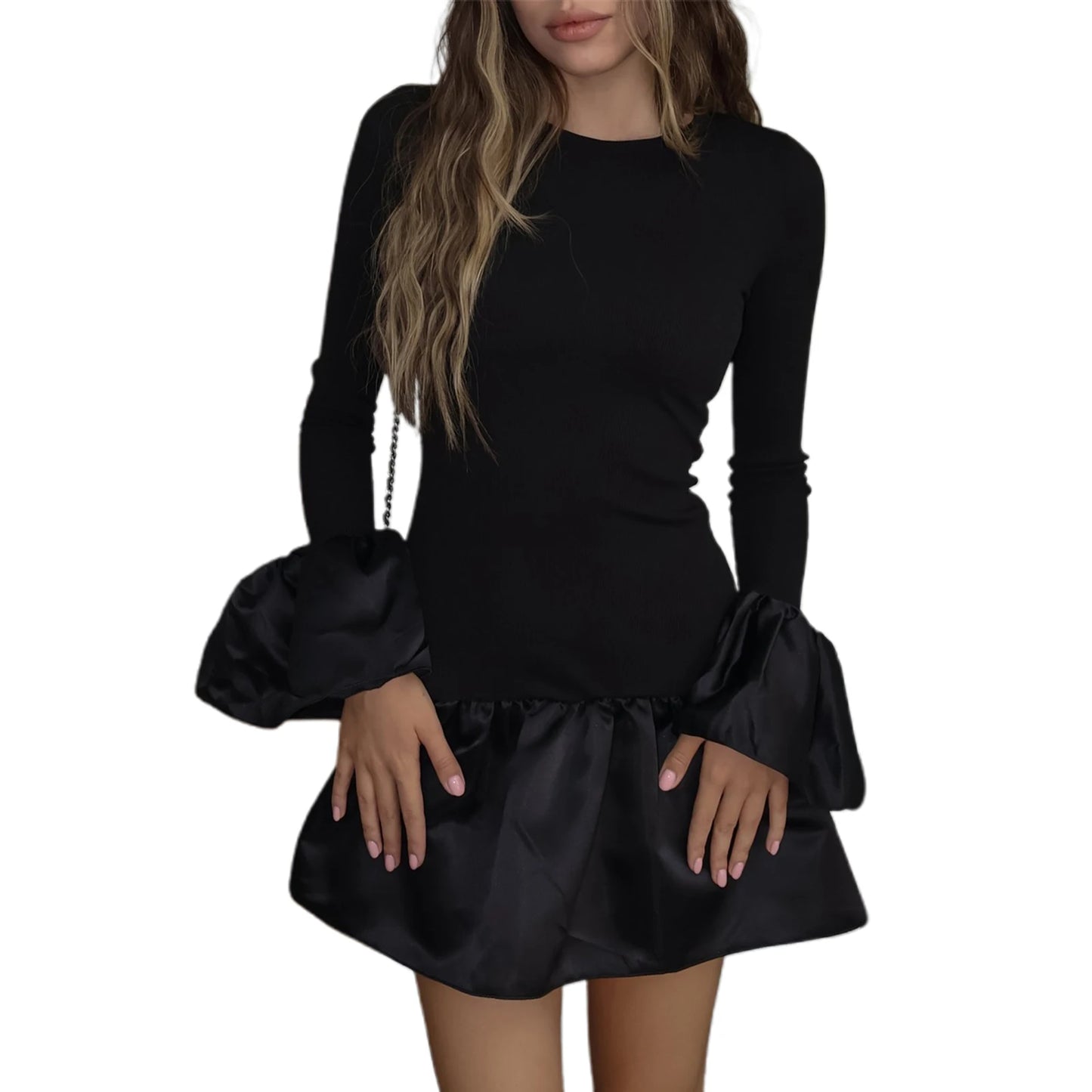 Elegant Women s Long Sleeve Knit Dress with Ruffles Hem and Round Neckline Perfect for Fall and Winter Casual Wear