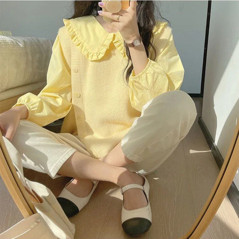 Sweet Peter Pan Collar Shirt Women Vintage Long Sleeve Blouse Female Preppy Style Yellow Blue Loose Buttons Youth Tops 2023 Y2k
