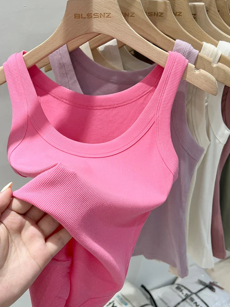 Solid Round Neck Ribbed Tank Top Camisole Women 2025 Summer Basic Elastic Tank Top O Neck Solid Tank Top