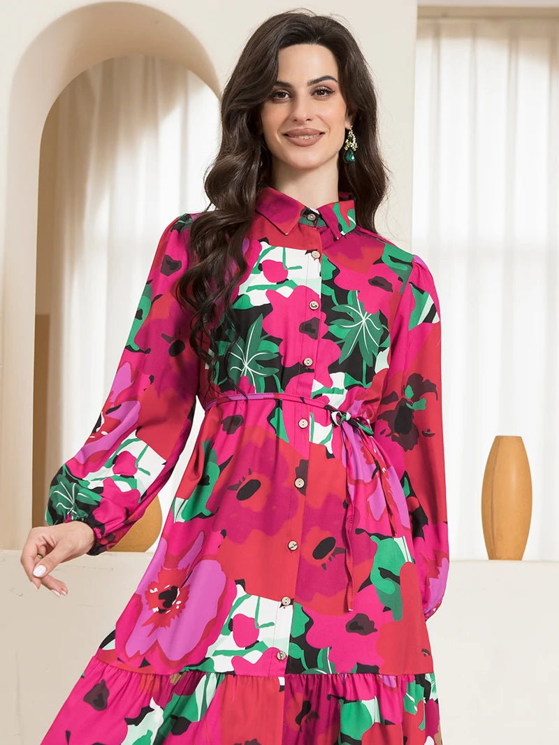 Sweetheart Collar Long Sleeve Button Belted Polka Dot Print Maxi Dress in Rose Pink