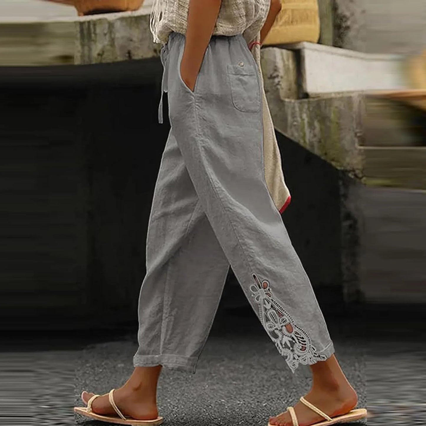 Women'S Casual Solid Color Lace Splicing Design High Waist Drawstring Pocket Nine Minute Pants Pantalones De Mujer Cargo Pants