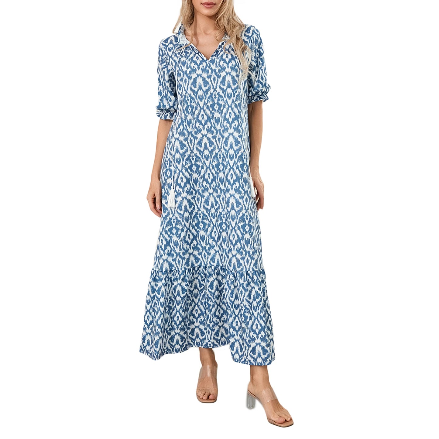 Women Long Dress Elegant Short Sleeve V Neck Flower Graphic Print Loose Swing Dress Summer Casual Dress