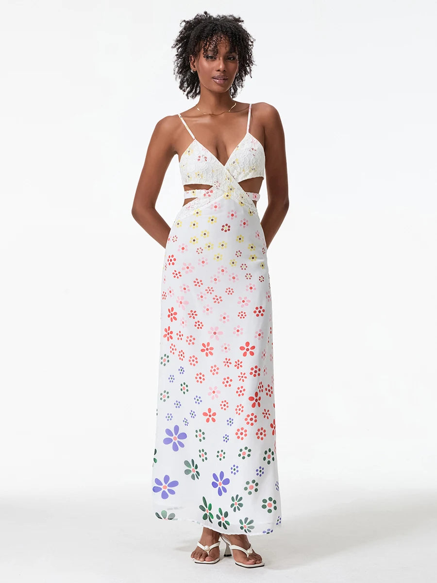 Women Slip Sleeveless Dress Summer Floral Print Tie Backless Party Dress for Vacation Cocktail Beach Streetwear