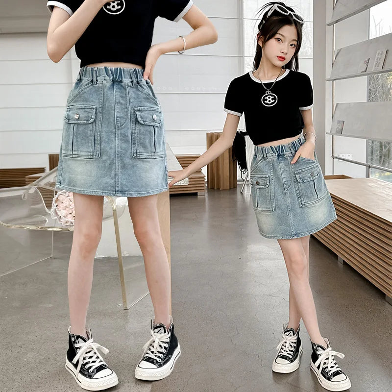 Summer Teen Girls Skirt Kids Casual Blue Denim Dresses With Pockets Design Tween Girls Casual Short Dress Toddler Ages 4-14Y