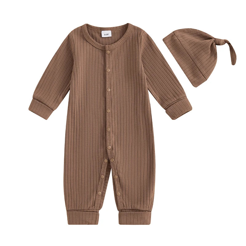 Infant 2-Piece Autumn Ensemble Cozy Knit Romper with Beanie Set Baby Clothing for Newborns