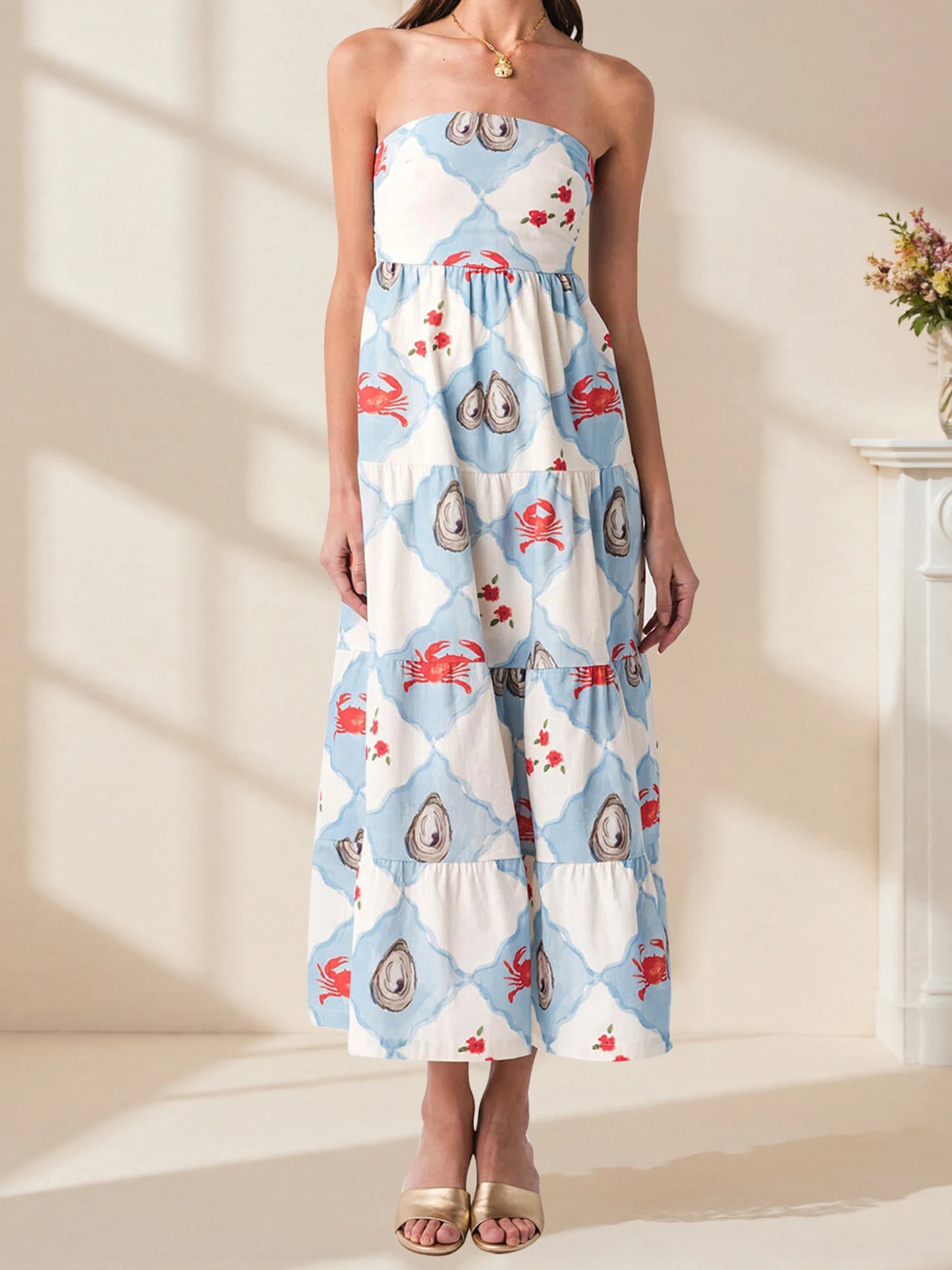 Women s Sleeveless Maxi Dress with Tropical Palm Leaf Print and Ruffle Detailing Off-Shoulder Flowy Summer Dress