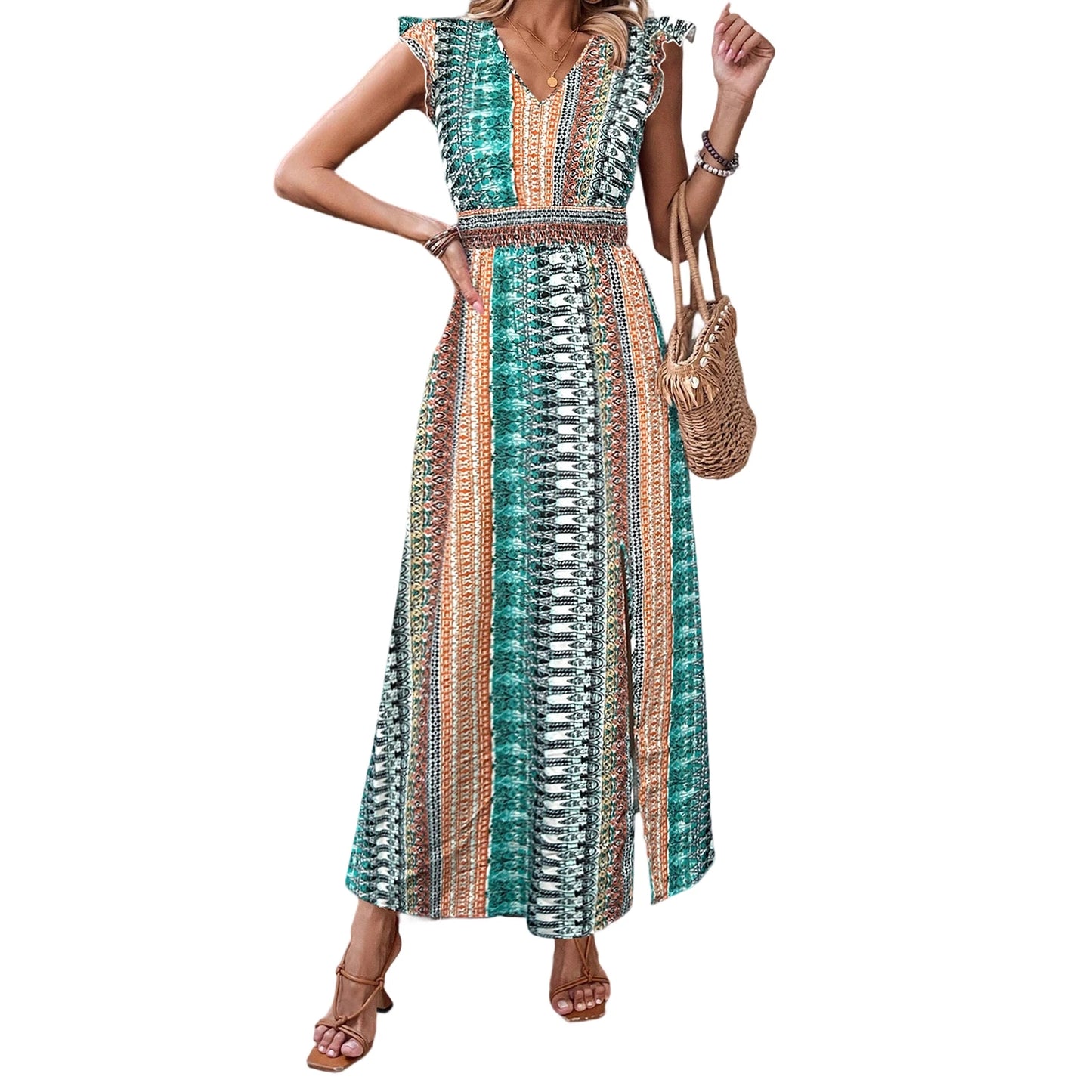 Elegant Floral Print Maxi Dress with Ruffle Sleeves and Side Slit Perfect for Summer Parties and Club Nights