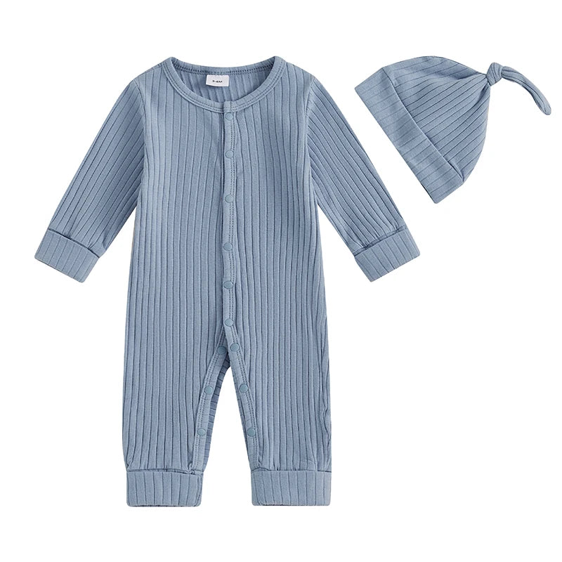 Infant 2-Piece Autumn Ensemble Cozy Knit Romper with Beanie Set Baby Clothing for Newborns