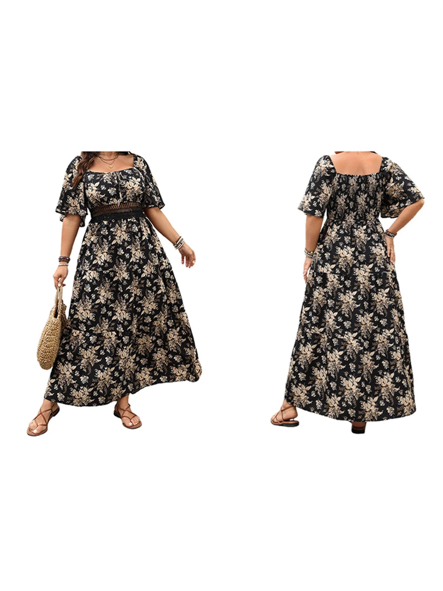 Women Maxi Dress Stylish Off-Shoulder Ruffle Sleeve Boho Floral Print Flowy Beach Party Long Dress