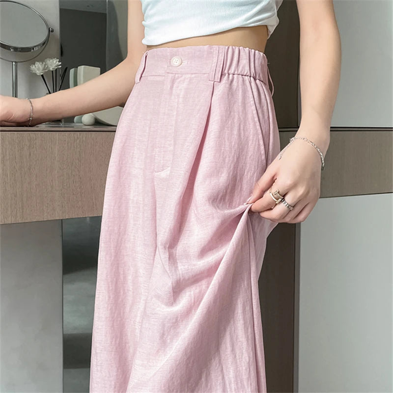 Cotton and Linen Women's Wide Leg Full Pants High Waist Summer Female Elegant Minimalism Straight Loose Trousers 2024 Autumn
