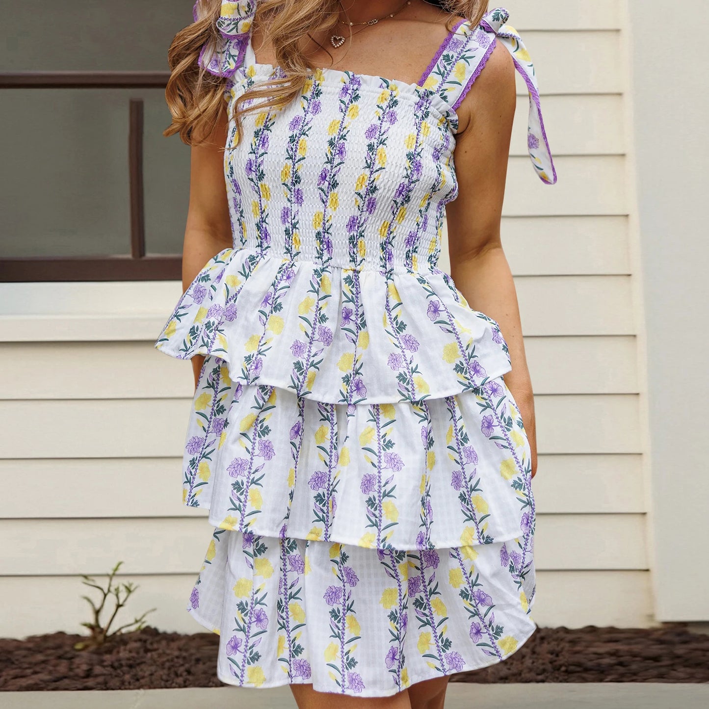 Women s Off Shoulder Maxi Dress with Ruffle Hem Summer Boho Floral Print Smocked Bust Long Flowy Dress Beach Dress