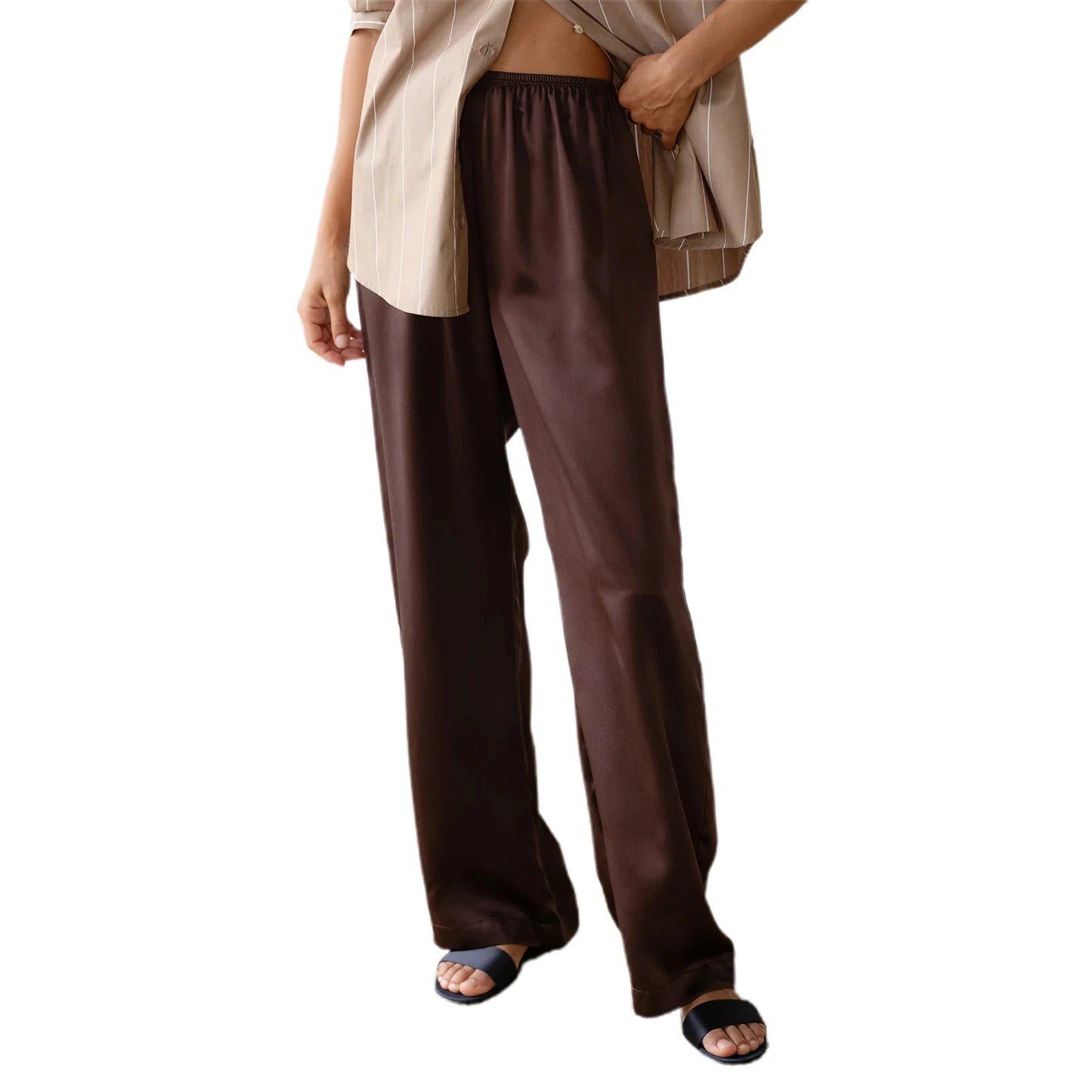 Ladies Stylish Loose Fit Trousers with Stretchy Waistband Elegant Satin Fabric Work Pants in Solid Color for a Chic Look