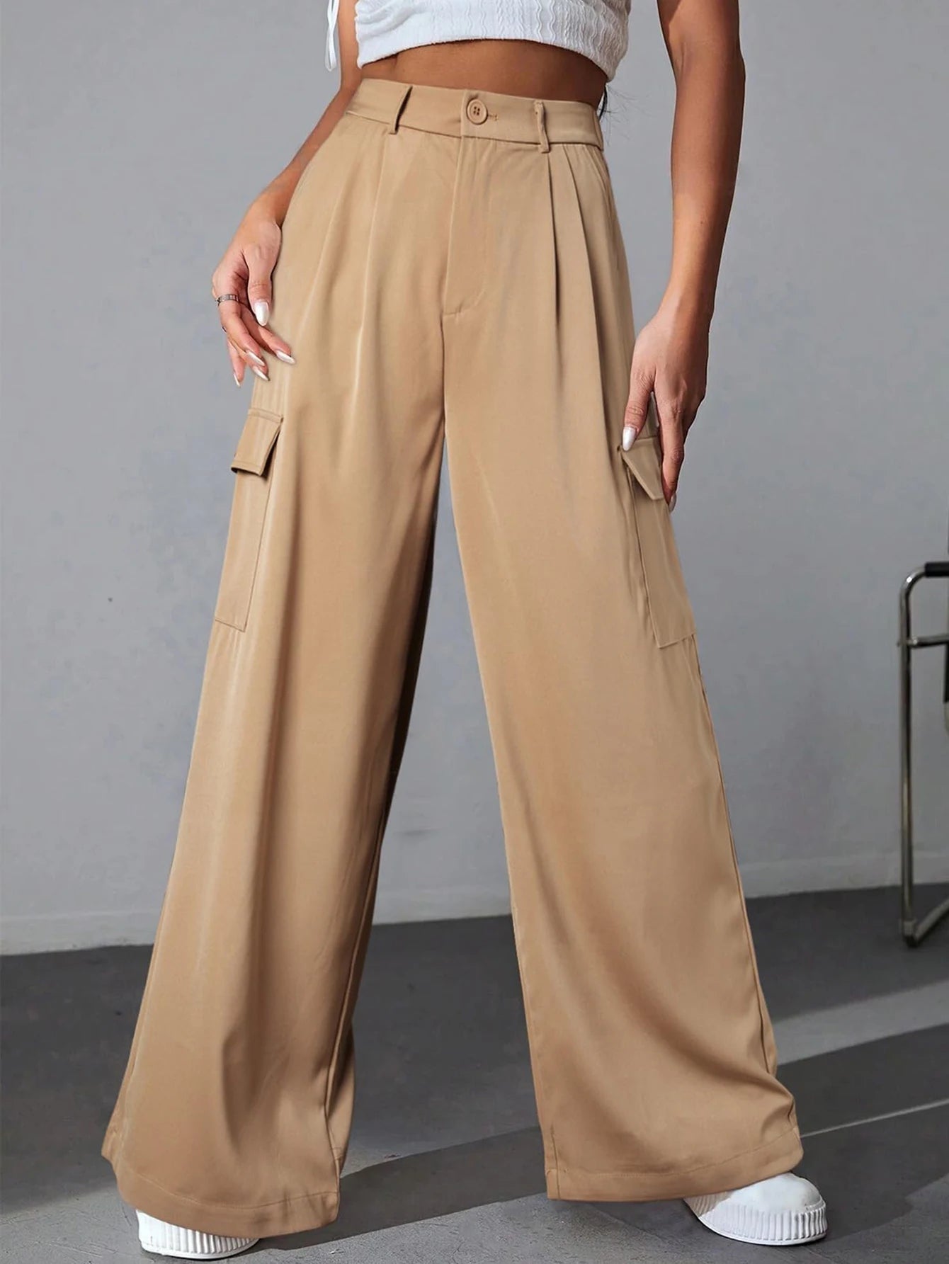 Casual High Waisted Pants for Women Loose Solid Color Versatile Wide Leg Pants with 4 Pockets Cargo Pants Khaki XL