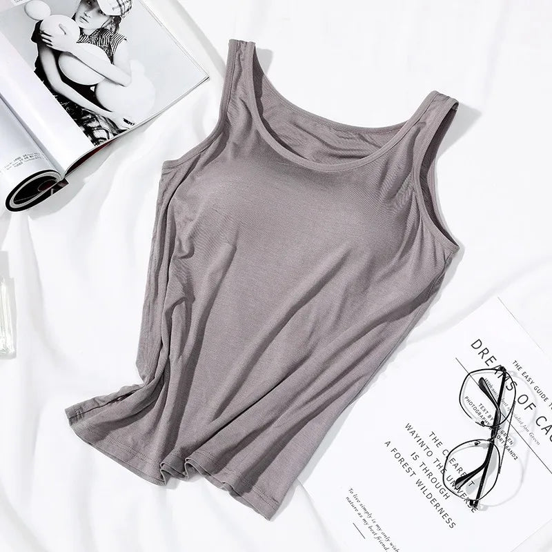 2023 Women's Vest Tops with Built In Bra Neck Vest Solid Color Padded Slim Fit Tank Tops Sexy Shirts Feminino Casual Tank Tops