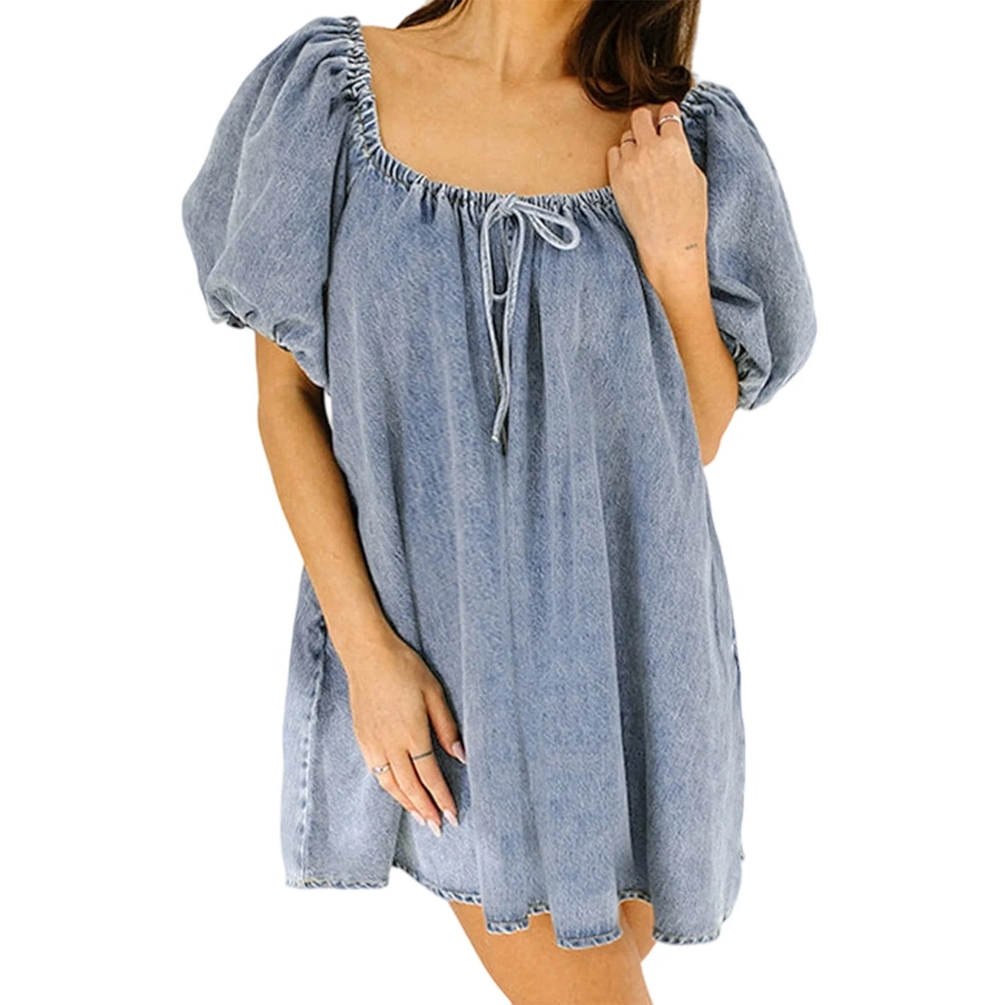 Women s Denim Dress with Short Sleeves and Square Neckline Solid Color Loose Fit Mini Dress for Summer Casual Wear