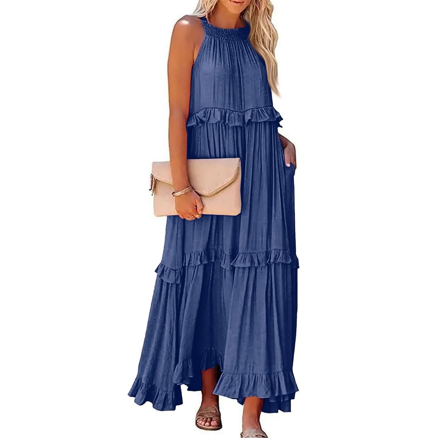 Spring Dress For Women Sexy Solid Strap Dress Pocket Loose Backless Big Swing Dresses Holiday Dresses For Women Wedding Guest