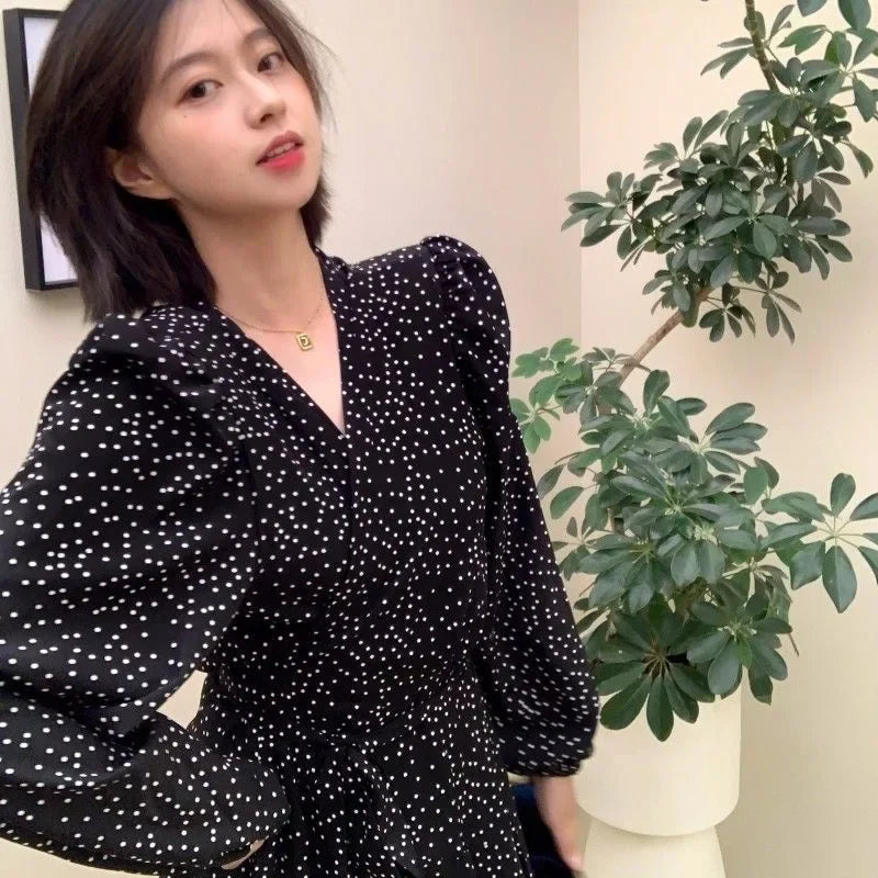 Black Polka Dot Floral Long Sleeve Dress Women's Autumn 2025 New Tea Break French Hepburn Style Skirt Length Dress