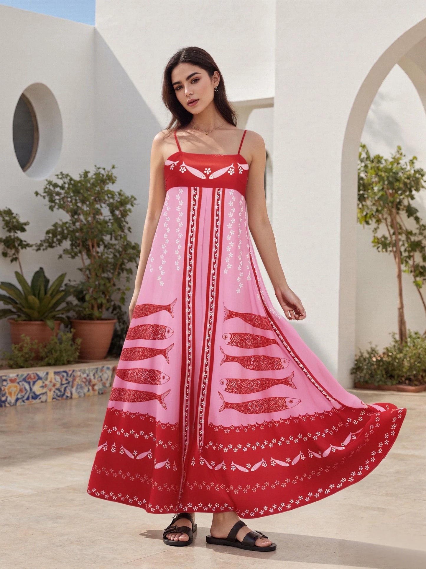 Women s Sleeveless Maxi Dress with Tropical Fish Print Spaghetti Strap Cami Dress for Summer Fashion and Casual Wear