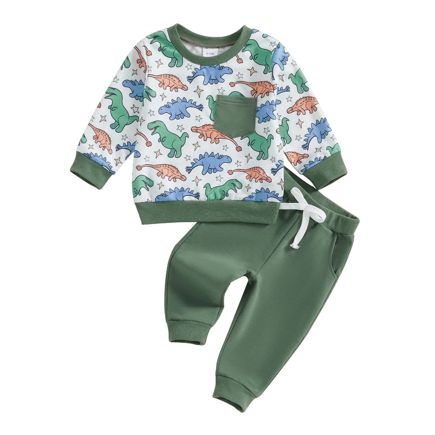 Autumn Toddler Baby Boys Dinosaur Print Casual Suit Round Neck Long Sleeve Sweatshirt Drawstring Elastic Waist Solid Sweatpants