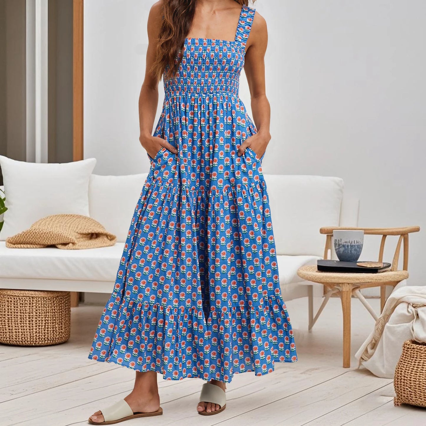 Women Boho Maxi Dress Off Shoulder Ruffle Floral Print Sleeveless Smocked Waist Long Summer Beach Dress with Pockets