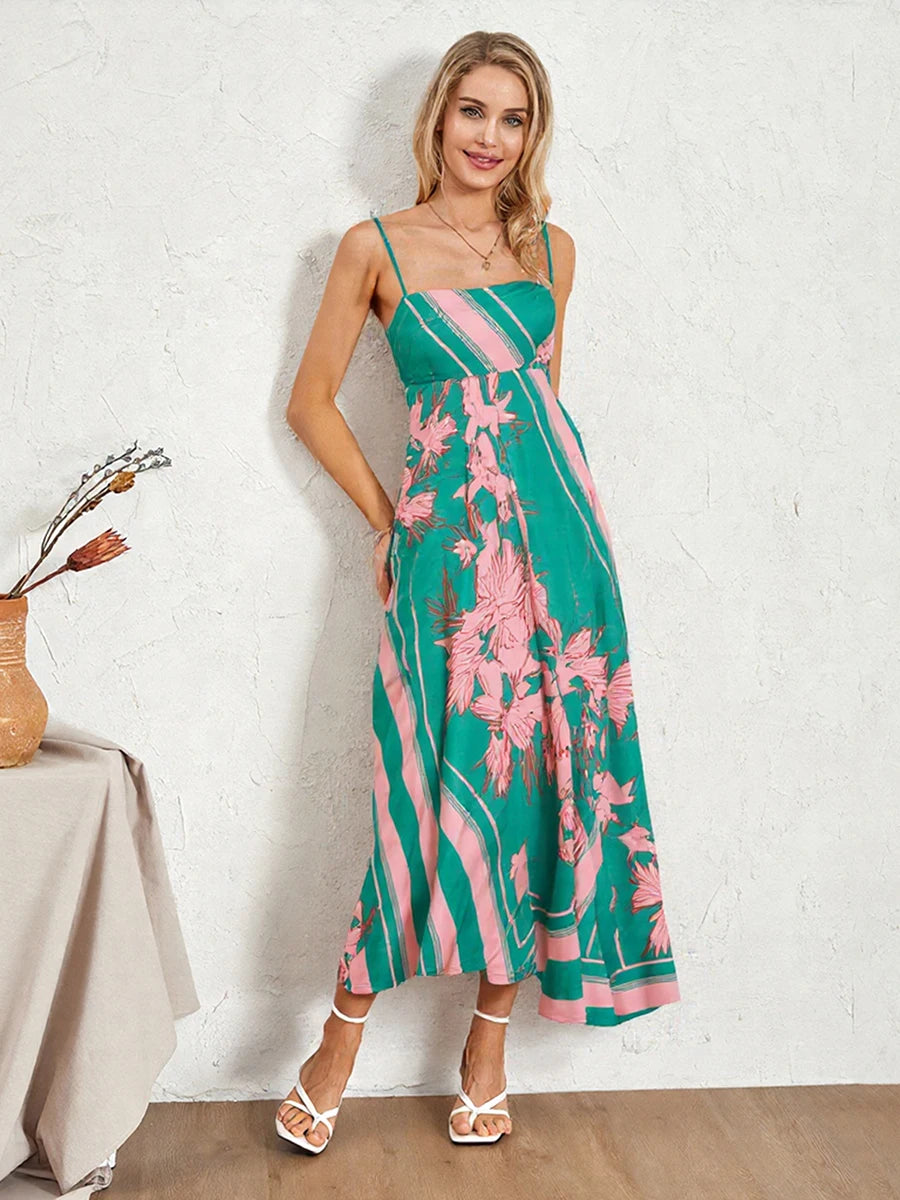 Bohemian Style Maxi Dress with Spaghetti Straps and Floral Print Perfect for Summer Beach Parties and Events