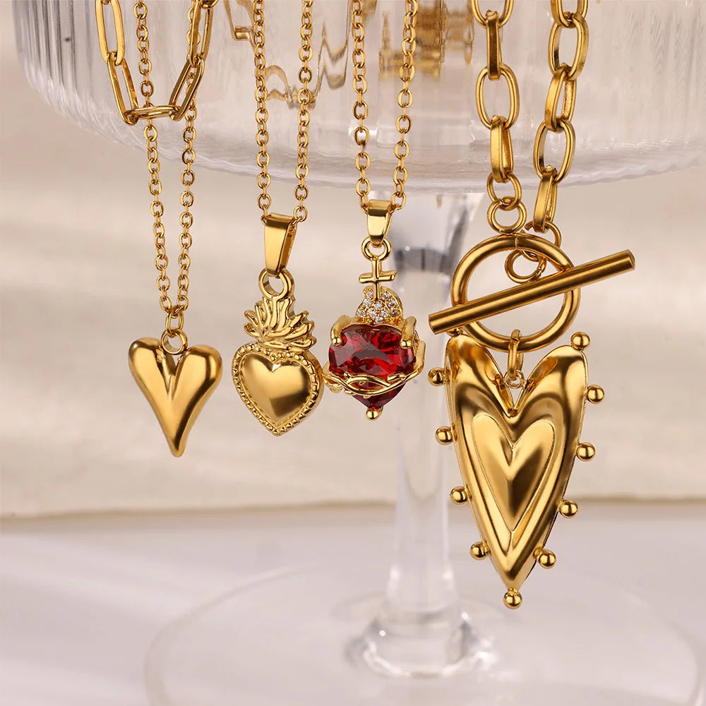 Punk Gold Color Heart Pendant Necklace for Women Stainless Steel Buckle Beaded Neck Chain Choker Y2K Jewelry Accessories