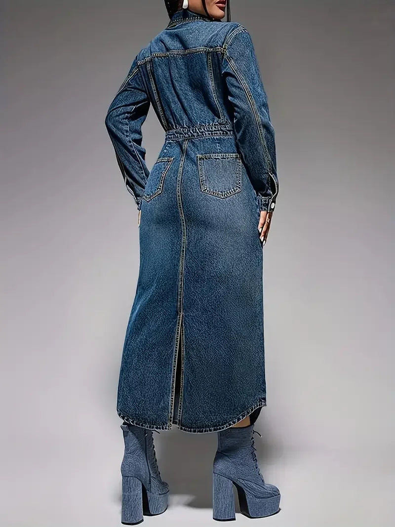 Women's Elegant Long Sleeve Denim Midi Dress - Turndown Collar, Side Slit & Button-Up Front - Asymmetrical Hem 100% Cotton Light