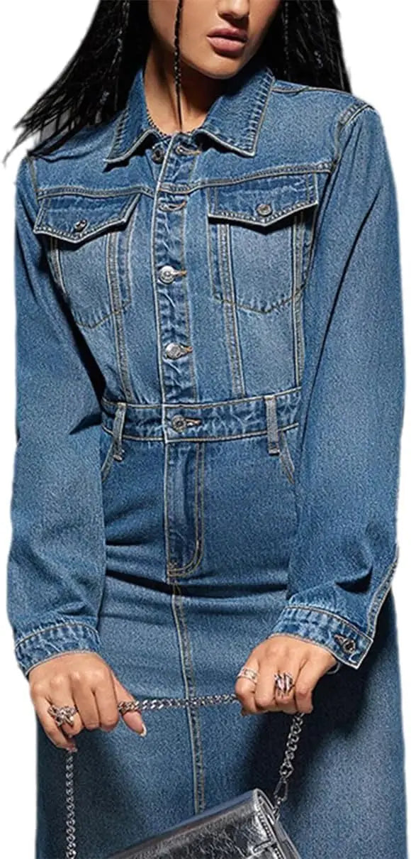 Women's Elegant Long Sleeve Denim Midi Dress - Turndown Collar, Side Slit & Button-Up Front - Asymmetrical Hem 100% Cotton Light