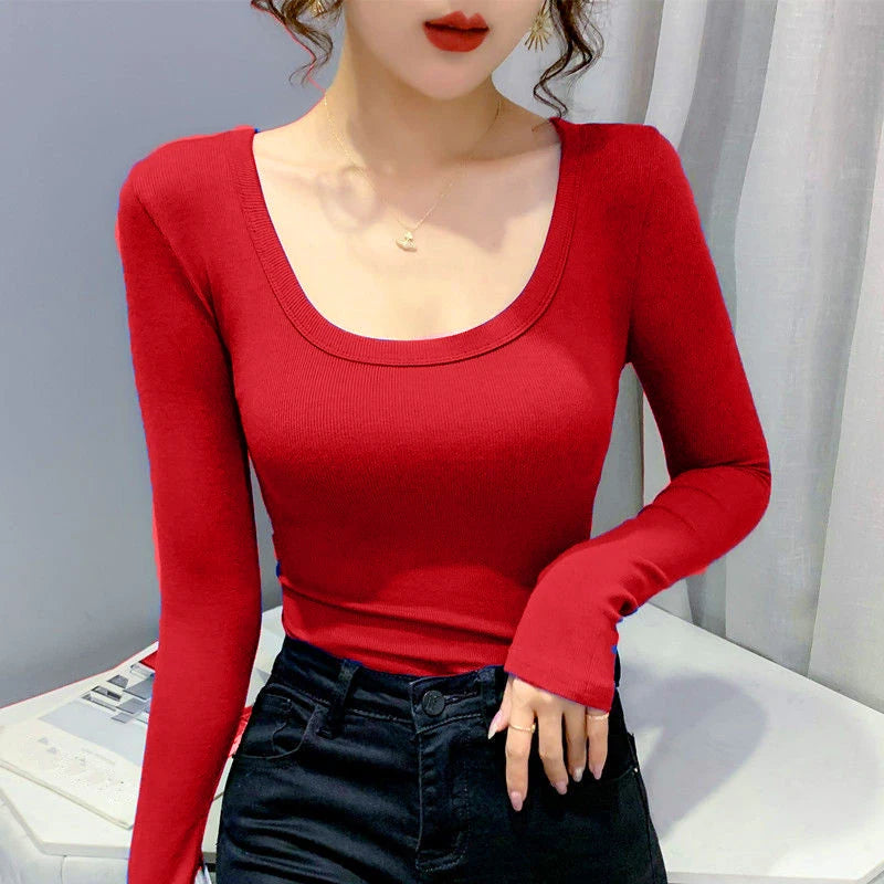 Screw Thread T Shirt Women Autumn Long Sleeve Top Basic Cotton T-Shirts Korean Style Clothes Slim Tee Shirt Femme Camiseta Mujer