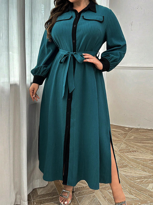 Stylish Plus Size Women s Dress with Long Sleeves and Turn-down Collar Perfect for Fall Season Casual Wear