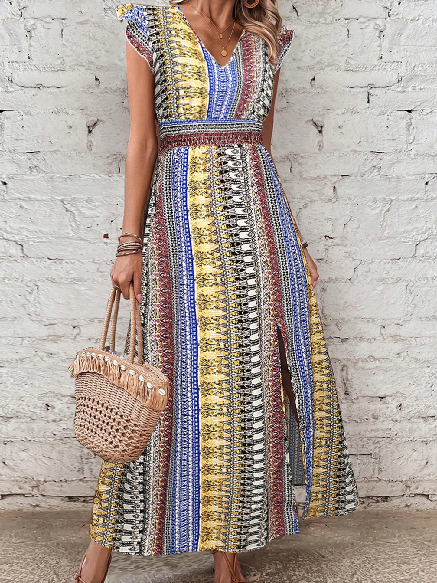 Elegant Floral Print Maxi Dress with Ruffle Sleeves and Side Slit Perfect for Summer Parties and Club Nights