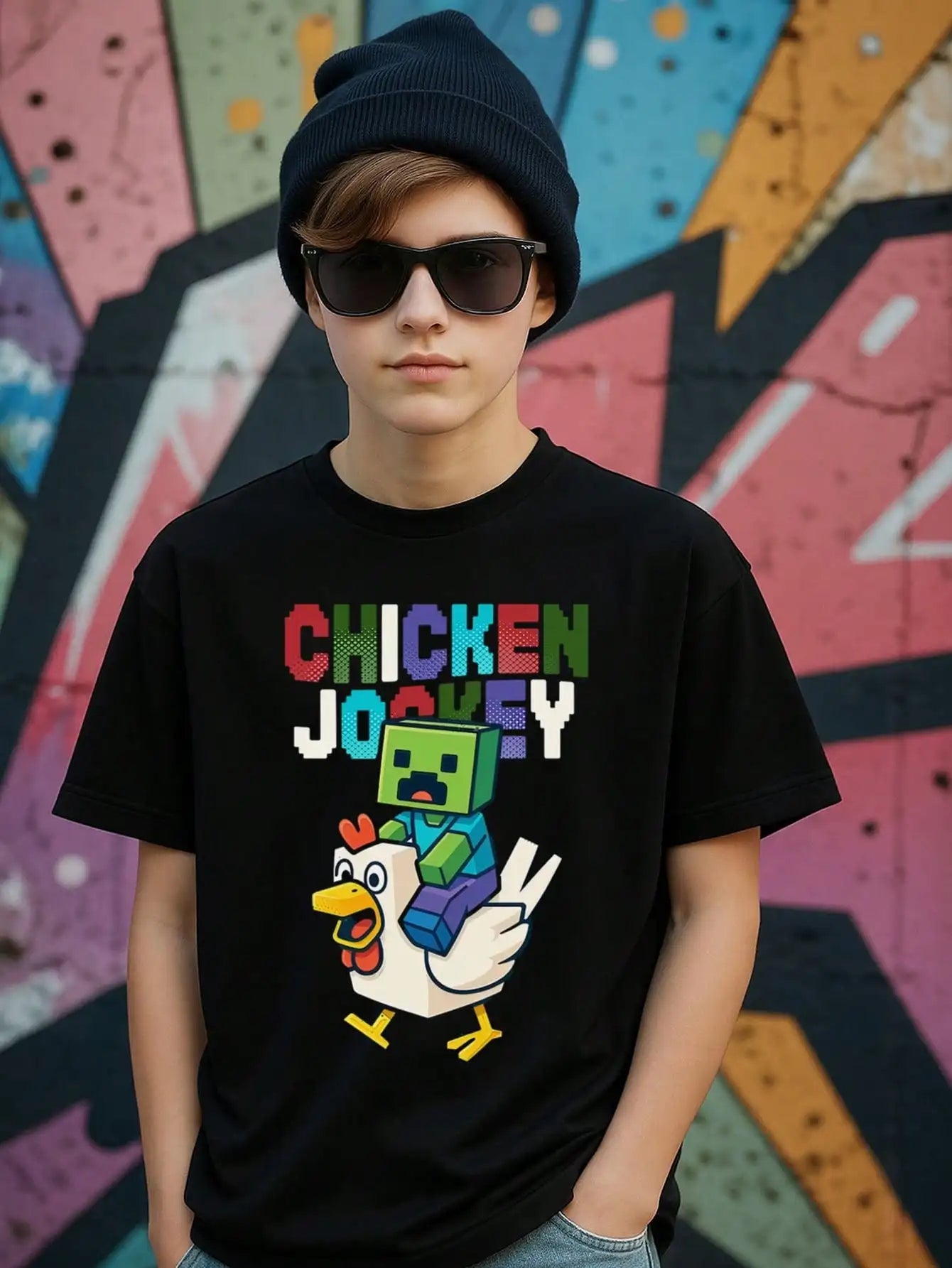 Tween Boys  Chicken Jockey Cotton Graphic Tees, Black Short Sleeve Summer Tops With Gaming Text