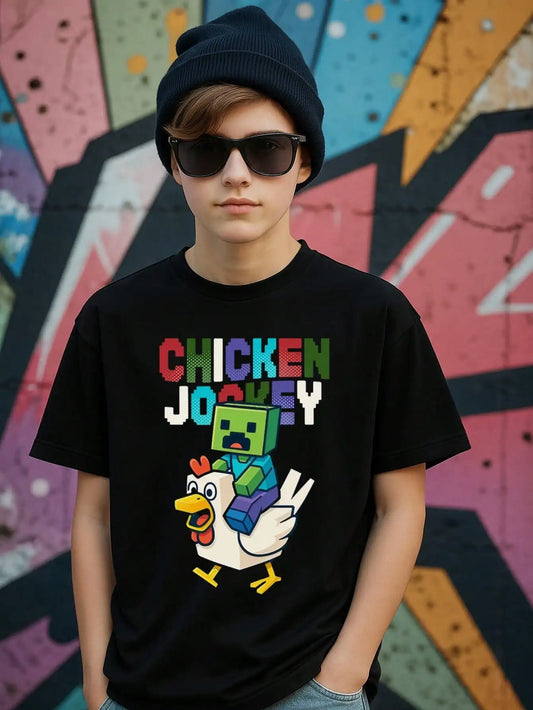 Tween Boys  Chicken Jockey Cotton Graphic Tees, Black Short Sleeve Summer Tops With Gaming Text
