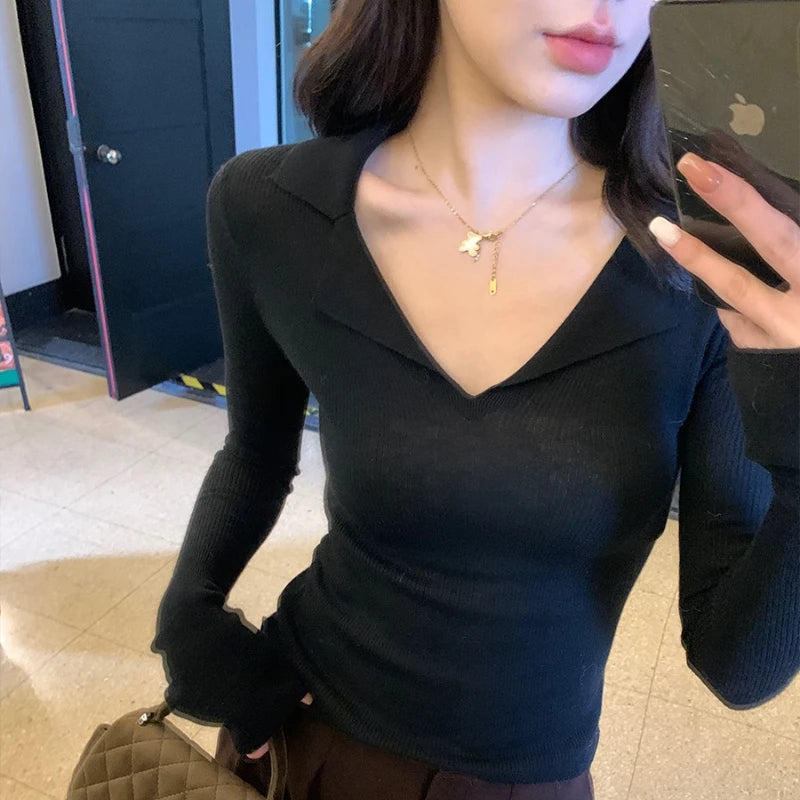 Spring Autumn V-neck Skinny Knitted Shirt Women Pullover Sweater Tops Female Long Sleeve Elastic Slim Bottoming Shirts Knitwear