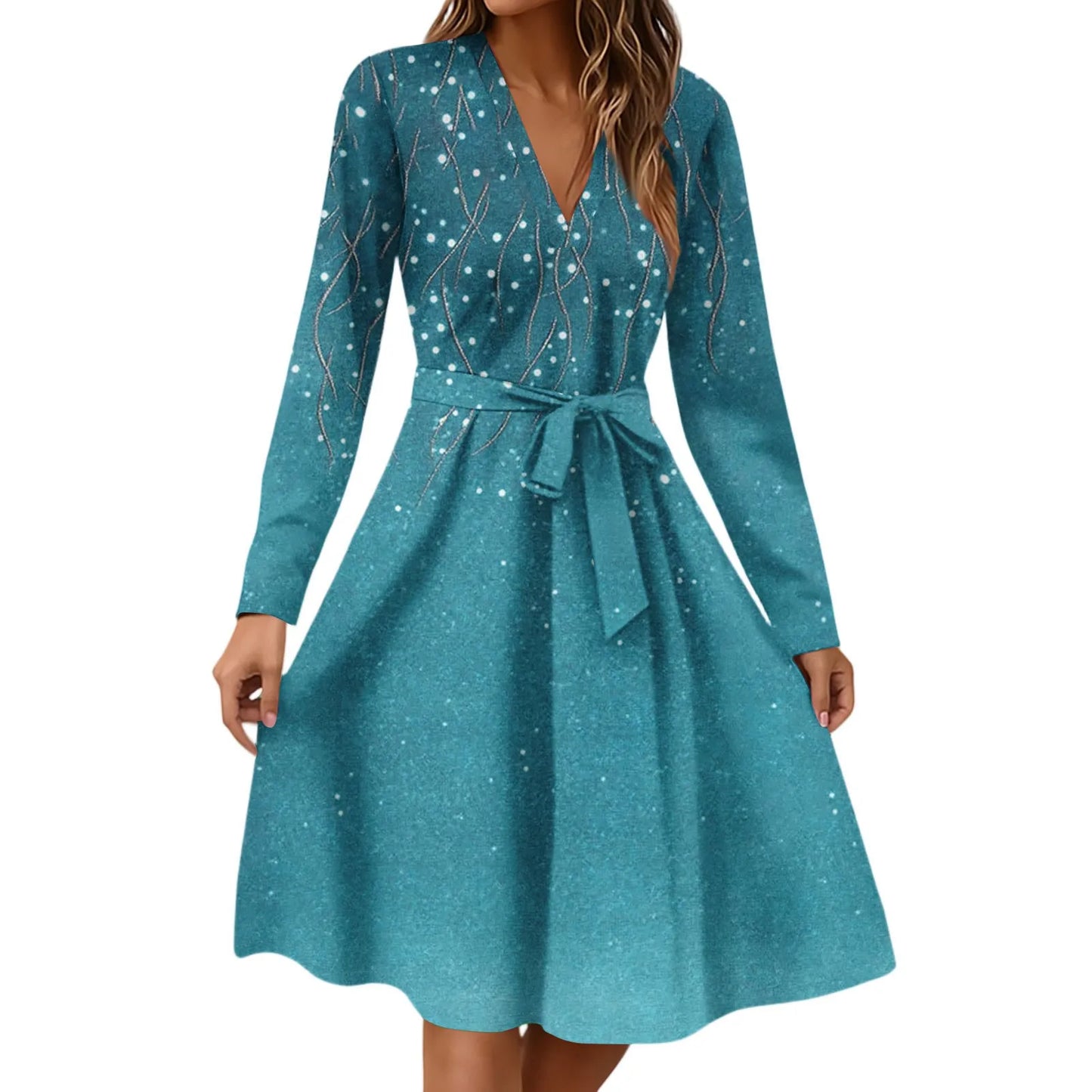 Women'S Fashion Casual V-Neck Long Sleeve Waist Floral Print Midi Dress Vestidos Para Mujer Female Dress Y2k Traf Roupas Feminin