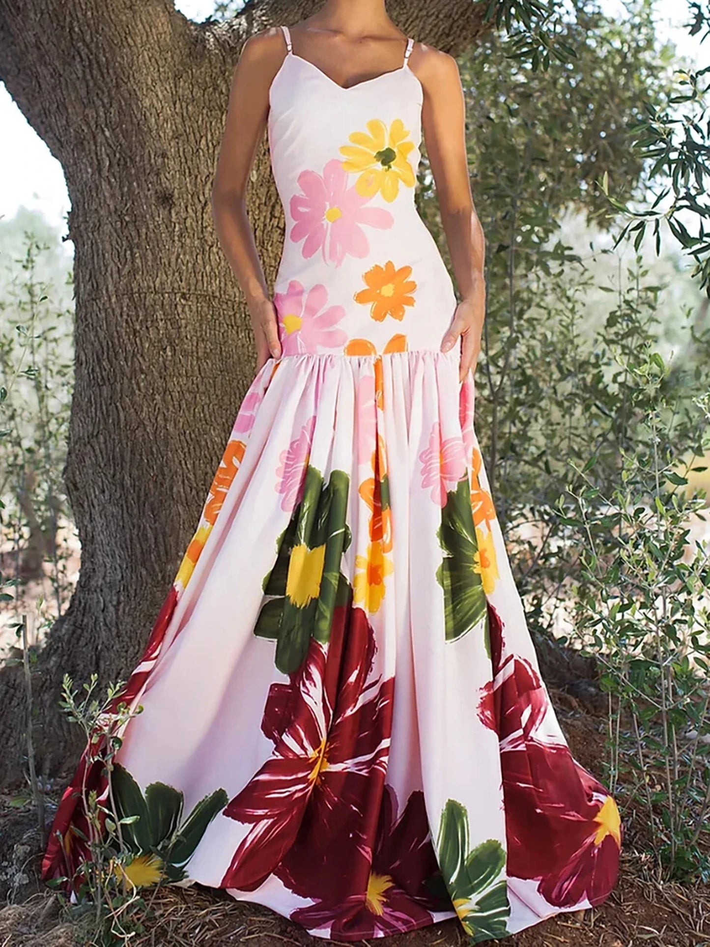 Women s Boho Floral Print Spaghetti Strap Maxi Dress Sleeveless Flowy Hem Summer Beach Cami Dress with Pockets