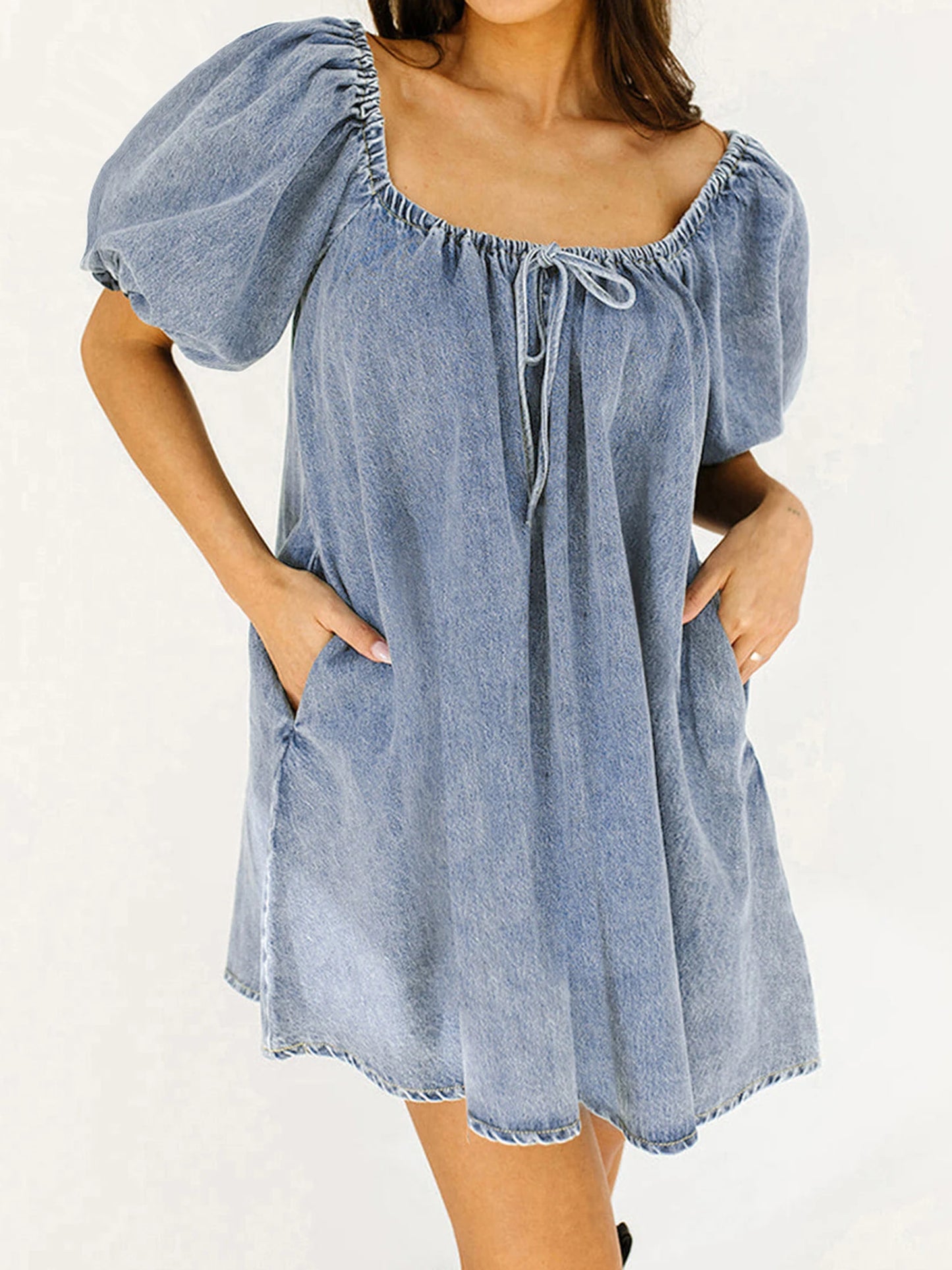 Women s Denim Dress with Short Sleeves and Square Neckline Solid Color Loose Fit Mini Dress for Summer Casual Wear