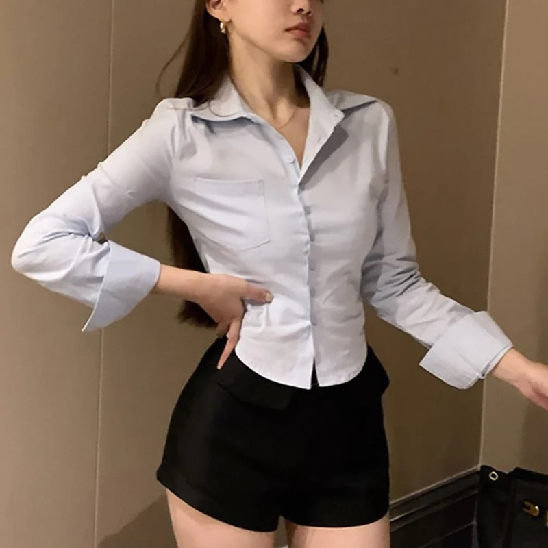 Korean White Office Women Chiffon Shirt Pocket Button Lapel Ladies Blouse Autumn WinterCommuter Long Sleeve New Female Crop Tops