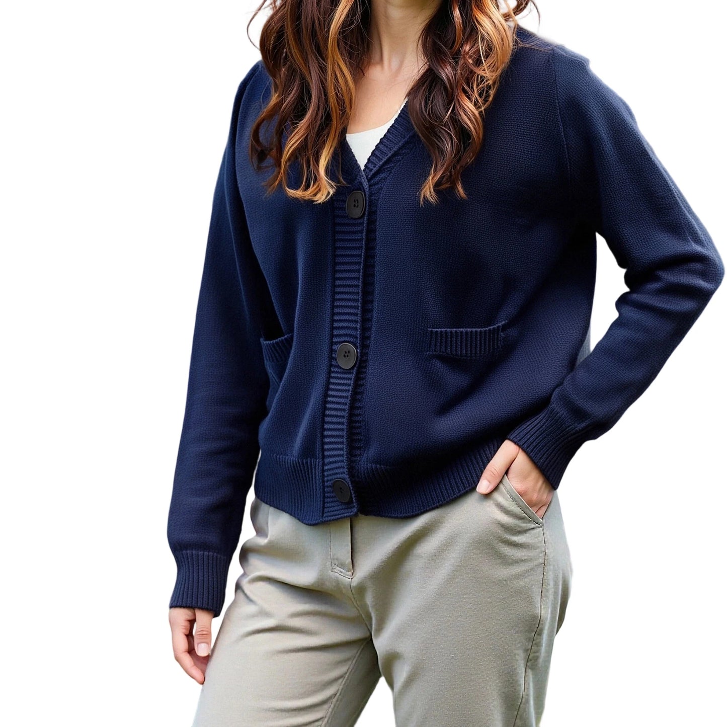 Women s Patriotic American Flag Print Cardigan with Pockets and V-Neckline Long Sleeve Button-Up Knit Sweater for Casual Fall